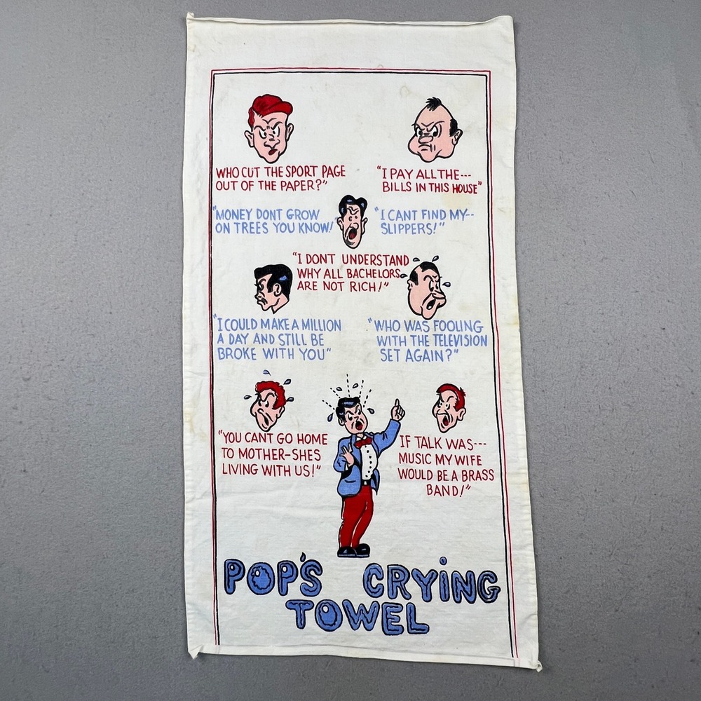Vintage Pops Crying Towel Novelty Decor White Mid Century Comic Kitsch Humor
